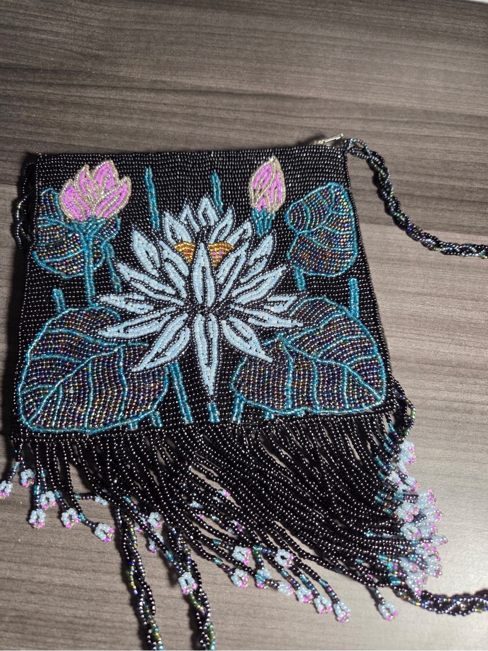 Hand beaded Black Beaded lotus Floral Shoulder Bag with Multicolor Accents